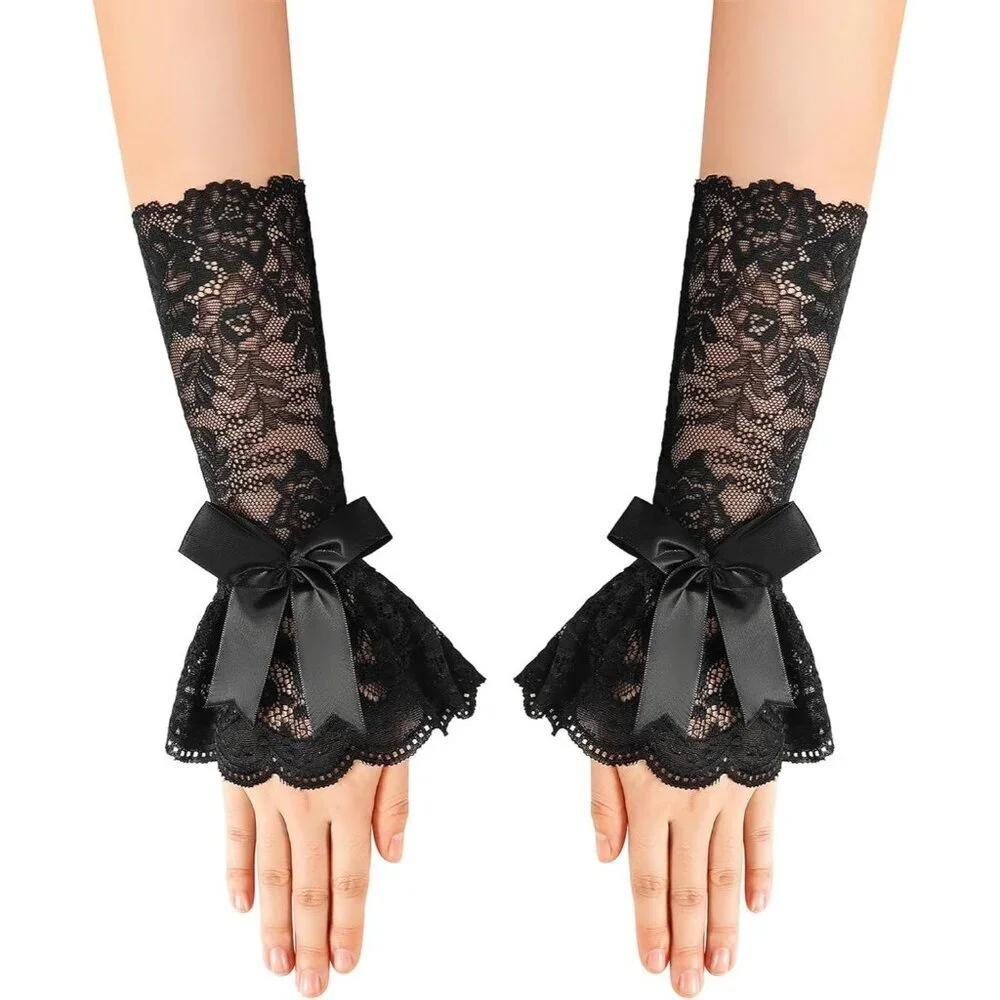 Women's Fingerless Black Bow Lace Gloves Elbow Sleeve Costume Party Prom